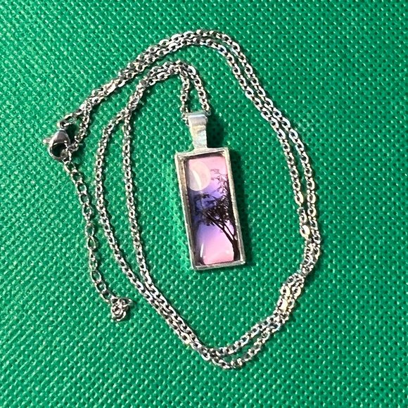 Purple Sky with Moon & Silhouette Tree Silver Tone Rectangular Pendant Necklace - Picture 2 of 5